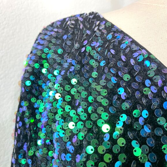 Fashion Green Blue Sequin Halter Top Long Sleeves Small Raw Hem Relaxed Party - Picture 3 of 13